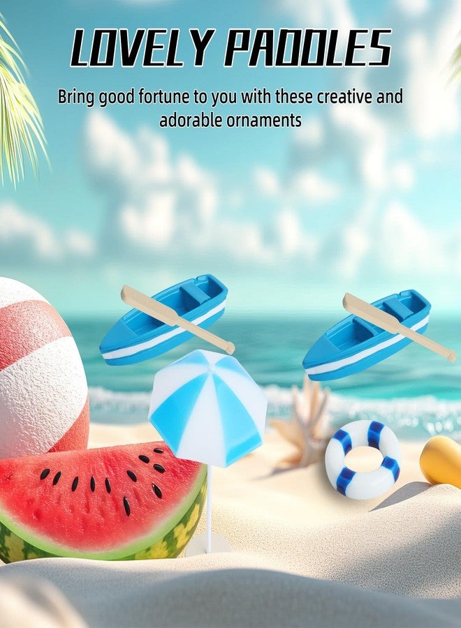 Begino 4 Sets of Miniature Rowboat Mini Blue Boat with Oars Figurines Micro Landscape Life Buoy Blue Beach Umbrellas Canoe Models Ocean Beach Scene Ornaments - Image 4